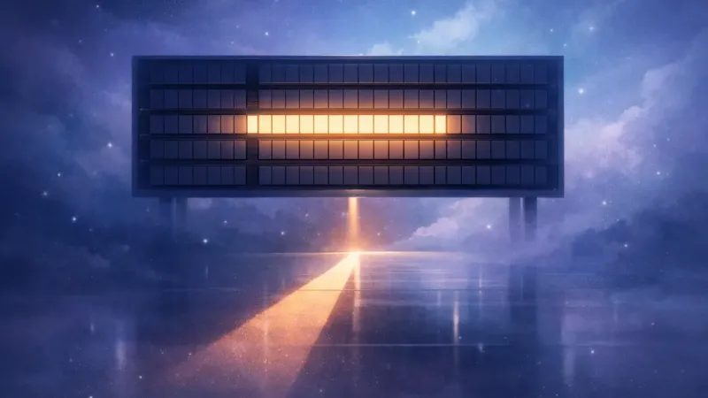 one stable illuminated row anchoring a soft line of light while the rest of the grid recedes The Navigable Line