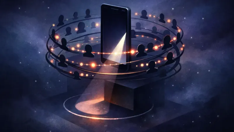 a phone’s narrow light-beam circling the same dark corner while icon-rings tighten around it The Corner That Never Explains Itself