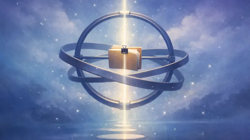 one luminous axis line running through the gimbal while the other two arms soften into secondary motion The Emergent Rule