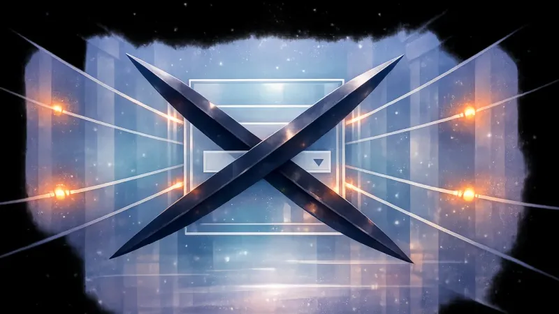 a glass form-field tile pinned in place by equal radial tethers under a crossed-blade barrier The Corridor of Held Breath