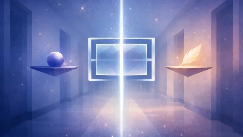 the dropdown tile aligned to one upright luminous line while the surrounding signals fade into two balanced, secondary “ The Bounded Choice