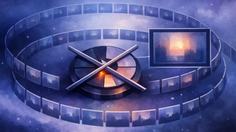 a central playback dial pinned under crossed bars while identical thumbnails orbit in a flawless loop The Evidence Hunt