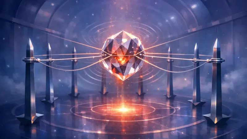 a ring of sword-like stanchions with perfectly symmetrical tethers holding the glass sculpture in a bright, tense stand The Catastrophe Crowd