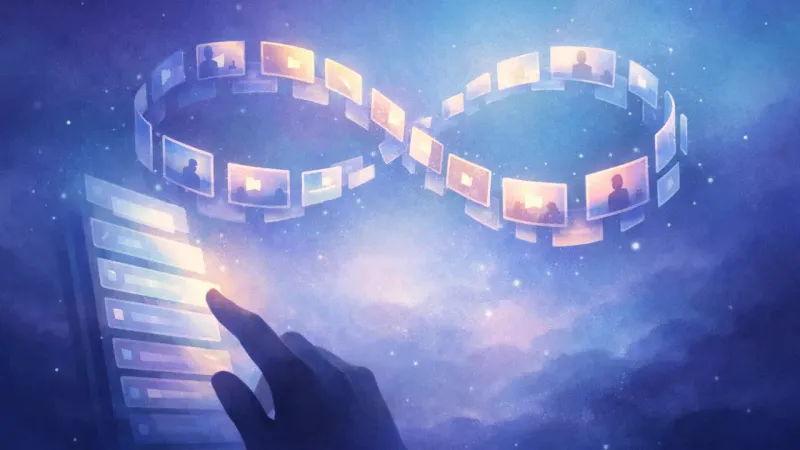 a faint figure-eight made of tiny video tiles hovering near a glowing list When the Backlog Becomes a Loop