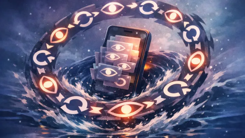 the phone trapped in a perfect circular churn of refresh-loops and view-icons that never becomes a straight direction The Life-Raft Screen