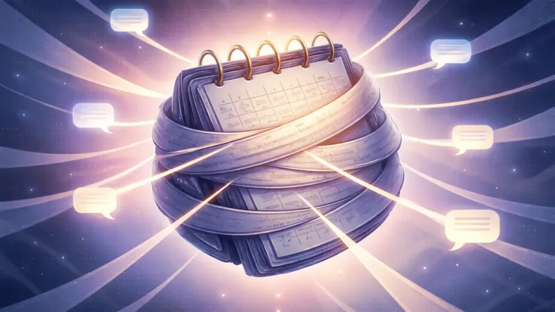 a centered wheel made unstable by perfectly even pulls from message-tethers that cancel direction but increase strain The Guilt-Text Tug-of-War