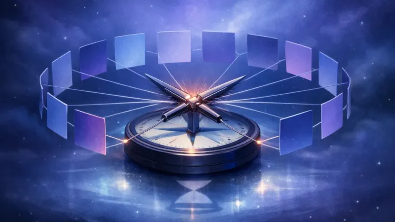 crossed needles pinned by a perfect ring of identical tethers The Countdown Gridlock