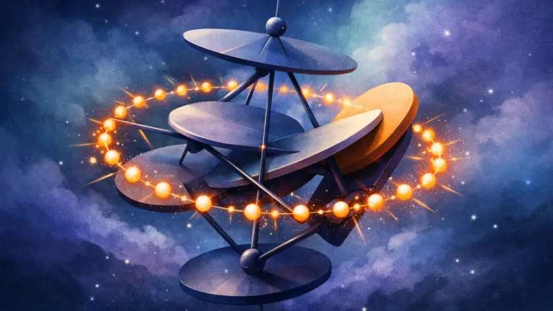 a fourth plate forcing its way into three wobbling plates while a ring of pings keeps re-triggering motion The Infinite Juggle Loop