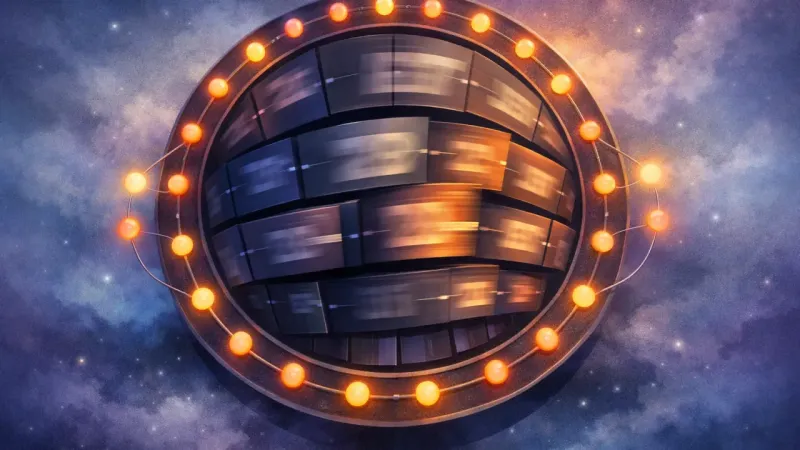 blurred split-flap panels mid-flip, driven by an evenly spaced ring of pulsing alerts The Self-Updating Verdict