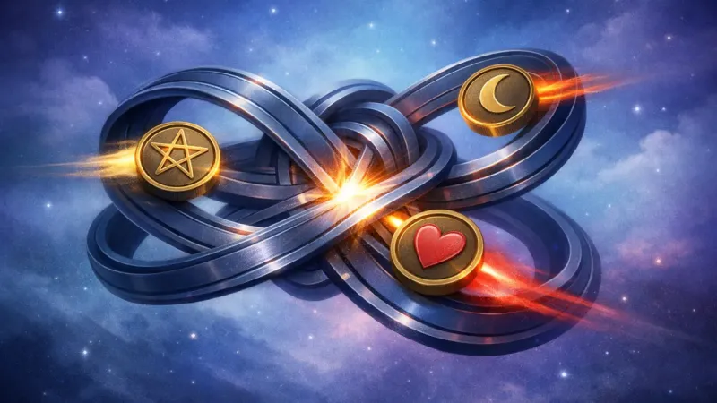 three medallions racing the same figure-eight crossing, nearly colliding as the loop flares bright The Payday Spin Cycle