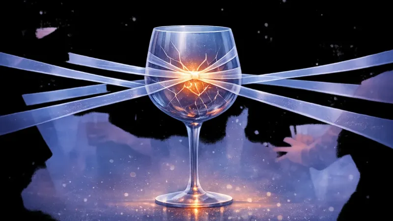 transparent pressure bands cinching a fragile glass amid jostling silhouettes The Crowded Room Constraint