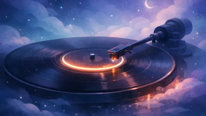 a tonearm needle hovering a millimeter above a bright repeating ring The Replay Reflex