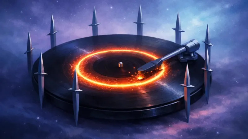 a bright circular scratch held inside an almost-cage of eight blades The Loop That Feels Like Proof