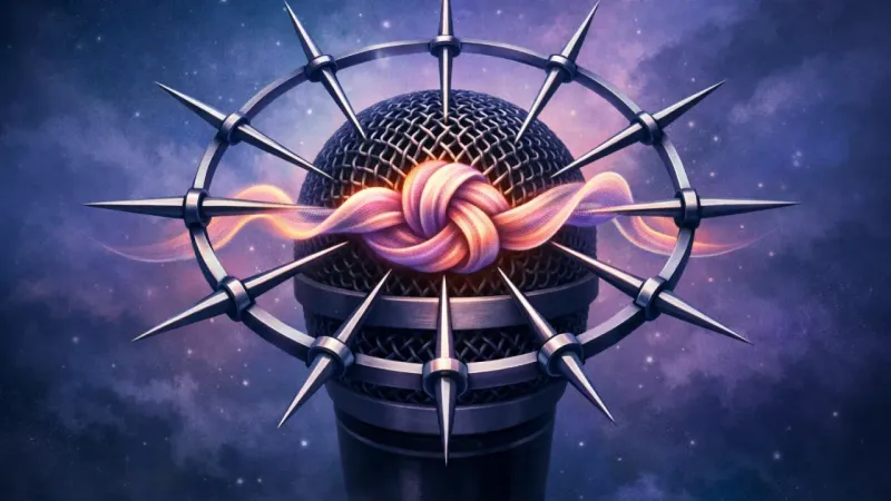 a knotted soundwave pinned at a microphone by a perfect ring of equal scoring needles The Tribunal of Every Syllable