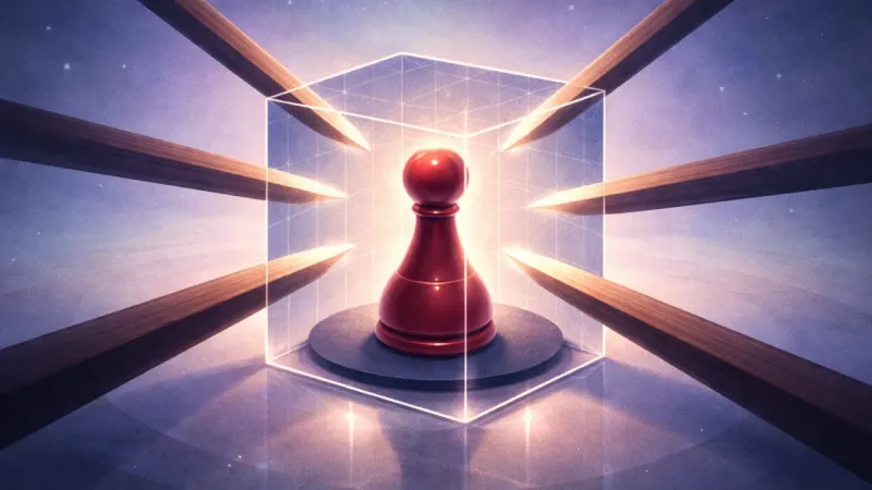 a lone pawn held motionless by six perfectly matched inward pressures against a tight transparent rule-grid The Table Turns Inward