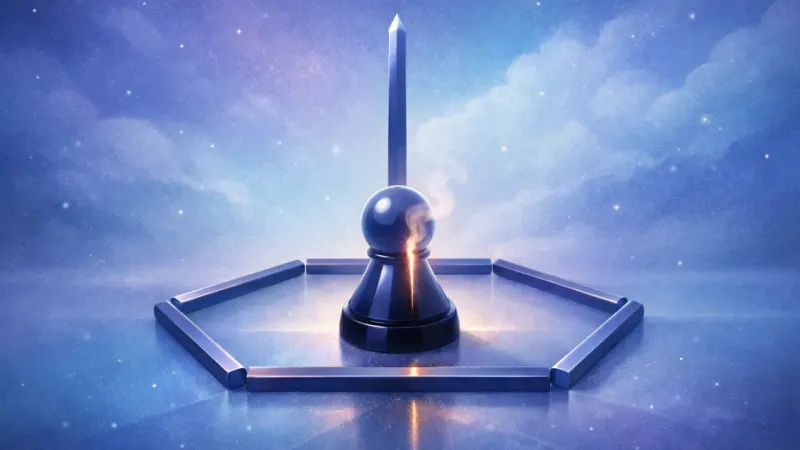 the pawn aligned with one sword-straight post while the surrounding pressure redistributes into an even, fair perimeter The Clean Boundary