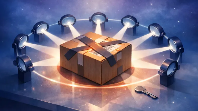 a parcel box immobilized under perfectly equal scrutiny beams The Audit Halo