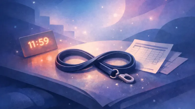 a figure-eight leash coil beside a visible deadline timestamp The Yes/No Loop