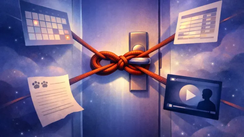 an infinity-knot leash cinched on a door handle with equal-pull panels tugging from all sides The Deadline Knot