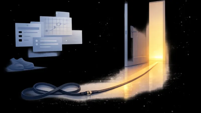 the leash unspooling from an infinity knot into one clear line aligned with a thin sunrise path The Livable Line