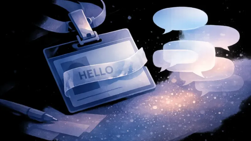 a translucent label band clinging to an ID badge like an unwanted second identity When a Joke Names You