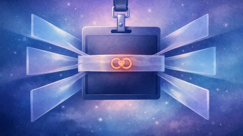 an ID badge cinched by a translucent label band while identical chat-panels pull evenly inward like a polite, airtight Pinned by a Joke