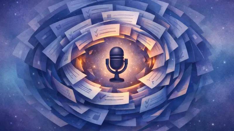 a mic glyph trapped at the center of an inward-pressing halo of identical note windows The Waiting-Room Spiral