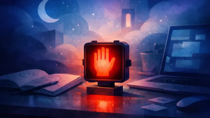 a red pedestrian hand glowing too brightly in a cramped, late-night desk setup Stuck on Red