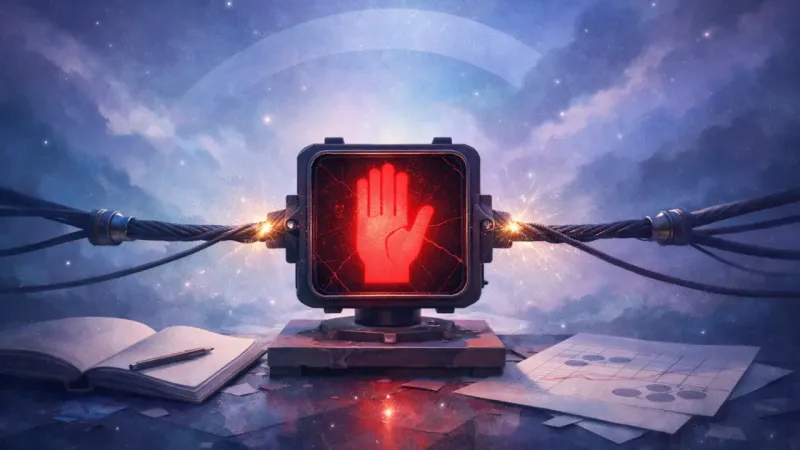 a perfectly symmetrical tug-of-war of cables holding the red hand steady The Red-Light Stalemate