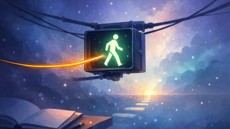 one bright control line breaking the symmetry and feeding a single clear “walk” glow The First Walk Signal