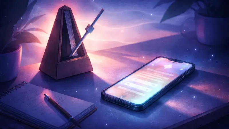 a metronome frozen mid-swing beside a glowing phone The ‘Soon’ Spiral