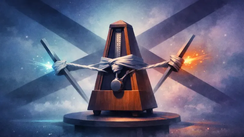 a metronome pendulum snapping between two equal extremes under crossed shadows The Flashing Crossroads Beat