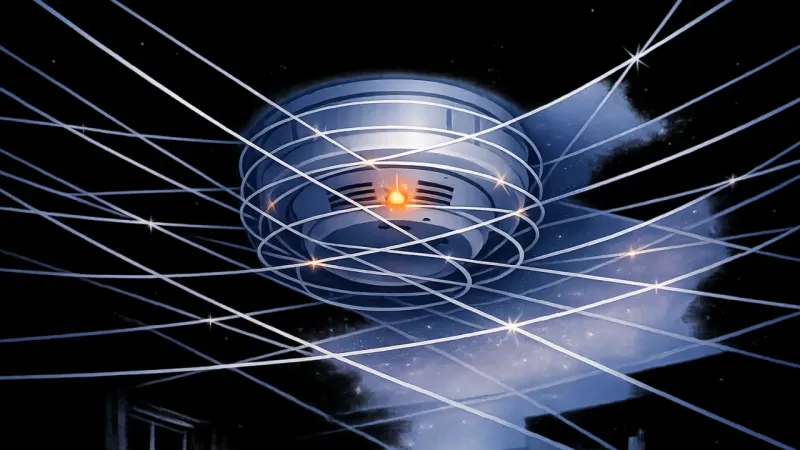 a smoke detector trapped inside its own repeating rings of razor-thin sound lines The Chirp That Commands