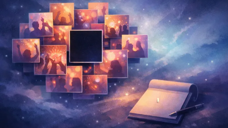a single empty tile inside a glowing party-photo mosaic The Missing Square Effect