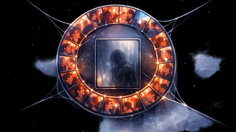 a looping ring of identical photo tiles circling a blank center tile that catches and distorts a faint reflection The Cold Window of Proof