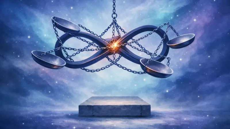 four identical trays pulling the infinity loop into a trembling, self-canceling wobble above an unused base The Wobble That Never Lands