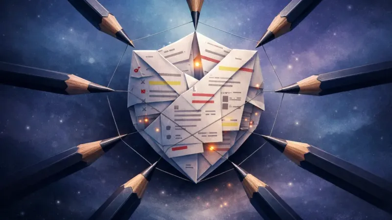 a paper shield crowded with micro-edits held in place by a perfectly even ring of inward-pointing pencil-blades The Defense Brief Spiral