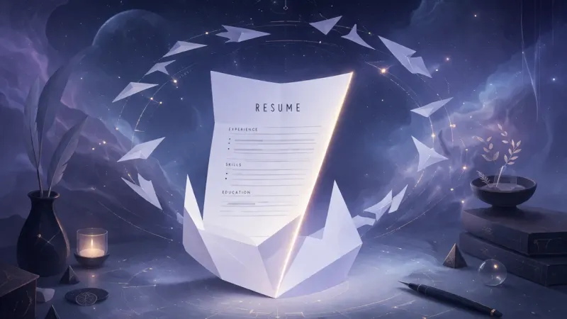 the unfolding page aligning to one clean cutting edge while the old ring of blades dissolves into pale guide marks The Resume Becomes a Tool