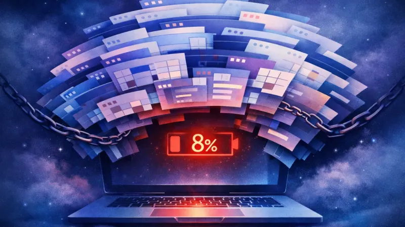 an exploding tab bar pressing down on a blinking 8% battery indicator The 8% Tab Storm