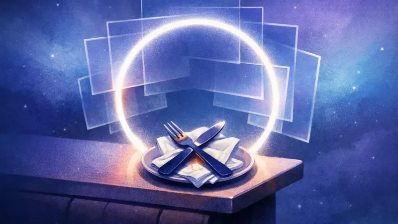 crossed utensils forming an X as stacked camera-frame rectangles and a ring-light circle pin the place setting at the The Uninvited Frame