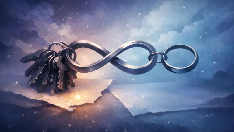 an infinity-shaped keyring caught between a crowded bundle and an empty ring Small Bill, Big Strings