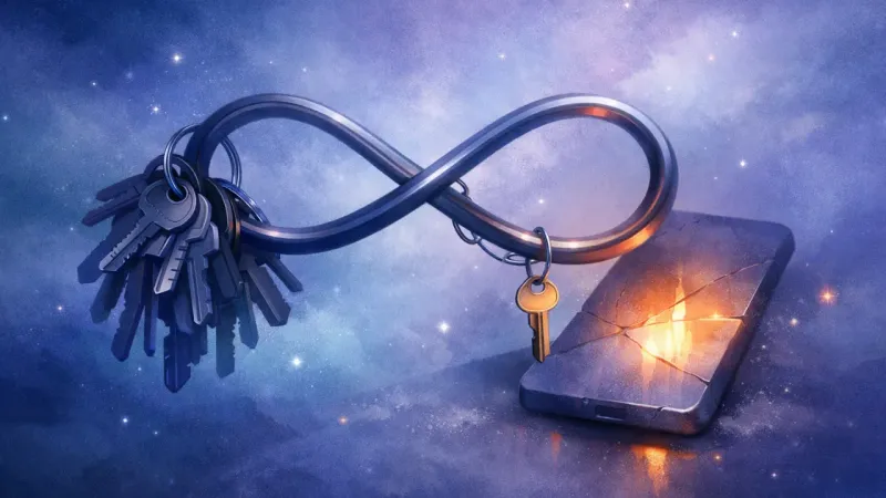 a spare key trapped on an infinity-loop ring beside a phone-like access point The Borrowed Key on the Infinite Ring