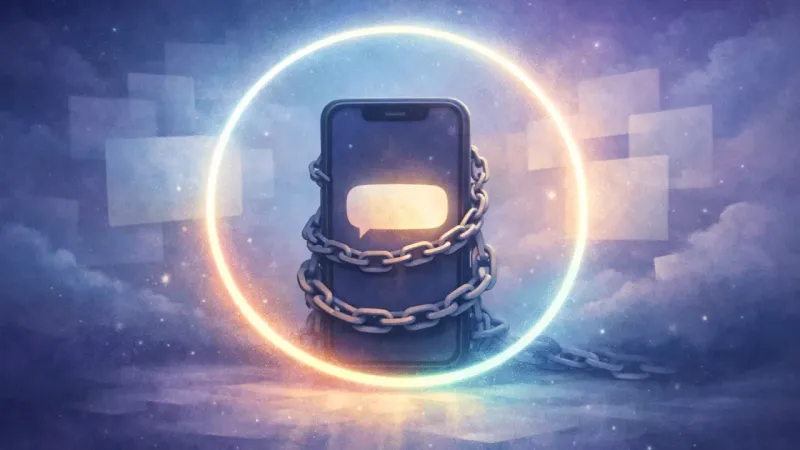 one calm reply tile held inside a luminous time-ring while all other panes fade into background haze The Quiet Boundary