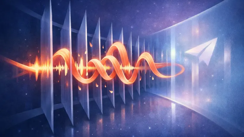 a bright waveform repeatedly shaved by a razor-thin corridor of blades, looping back before “send” The Checkpoint of Perfect Tone