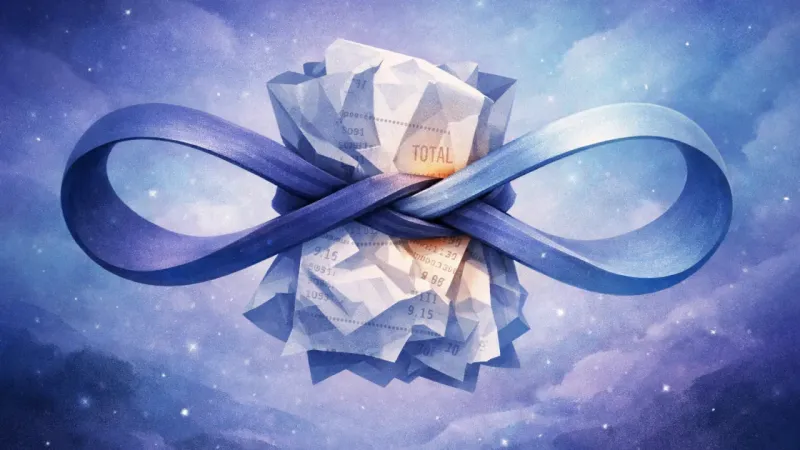 a crumpled receipt held in place by a perfect figure-eight of equal tension The Endless Settle-Up Draft