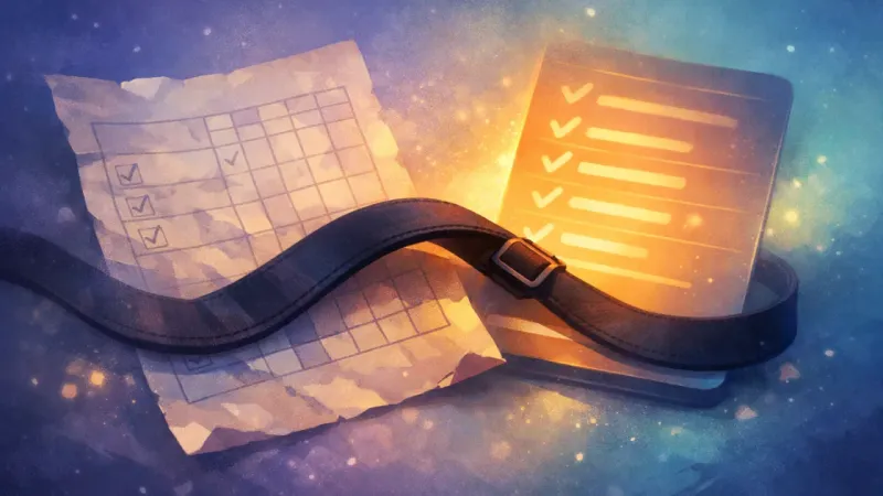 a single backpack strap bridging a childhood chore chart and a modern to-do list The Chore Chart Echo