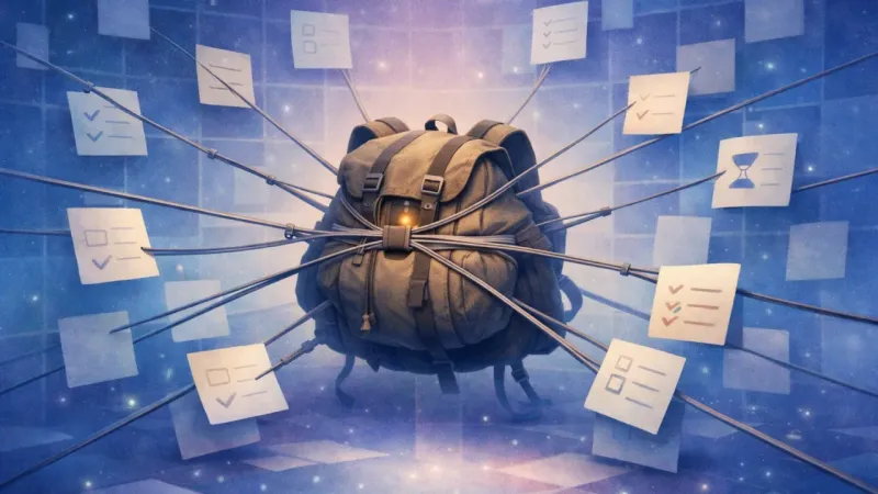 a backpack cinched by perfectly even straps leading to a surrounding grid of identical task-tiles The Backpack You Never Took Off