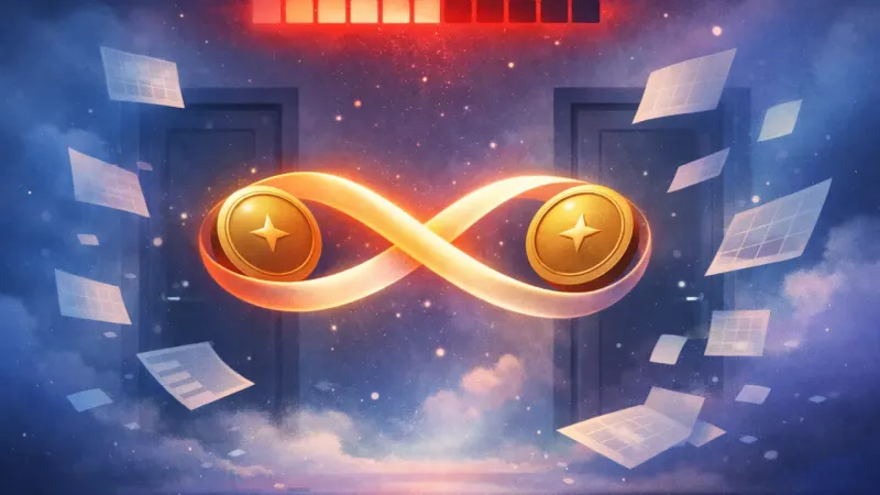 an infinity-shaped ribbon snapping between two coins as a red segmented countdown bar drains overhead The Night Before the Call