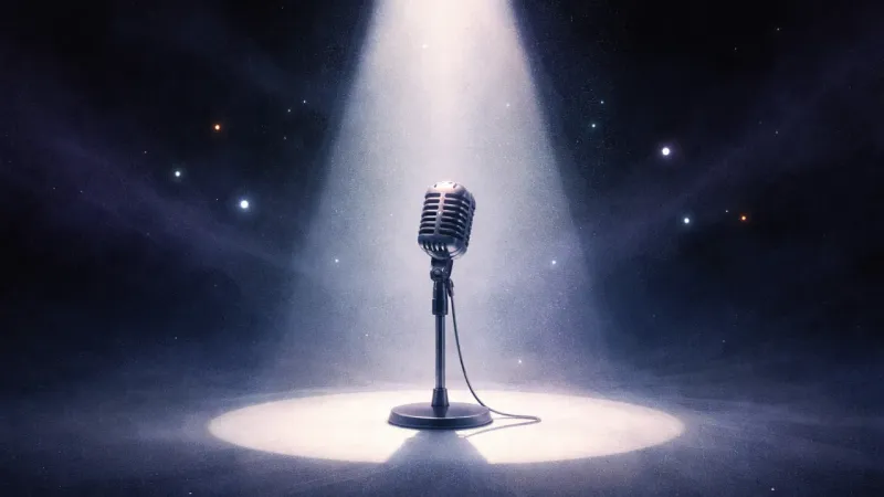a microphone pinned by a harsh spotlight circle The Speakerphone Turn
