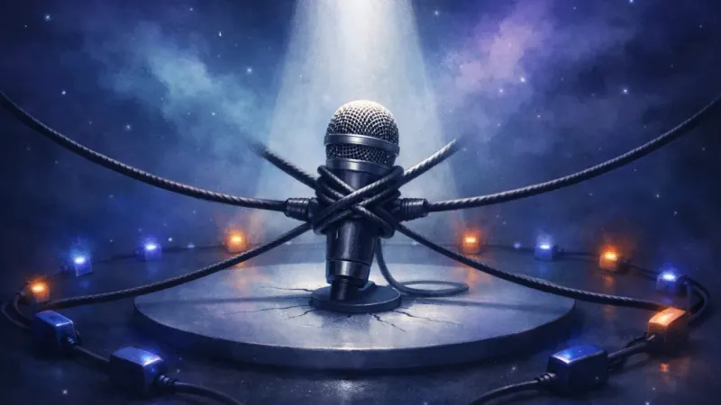 a spotlighted microphone cinched by crossed cables while a dim ring of listening nodes surrounds it The Speakerphone Arena